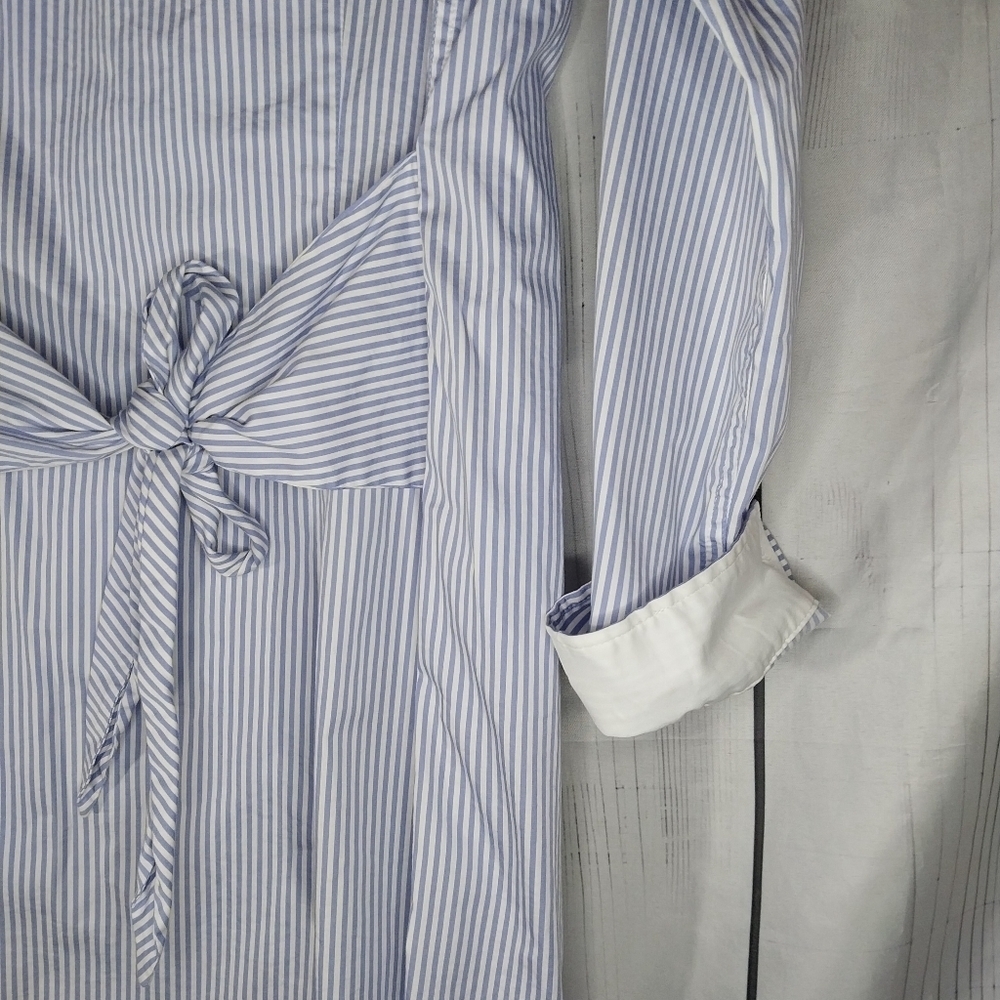 UNTUCKit Blue And White Pinstripe Tie Waist Long Sleeve Shirt Dress - Picture 10 of 13